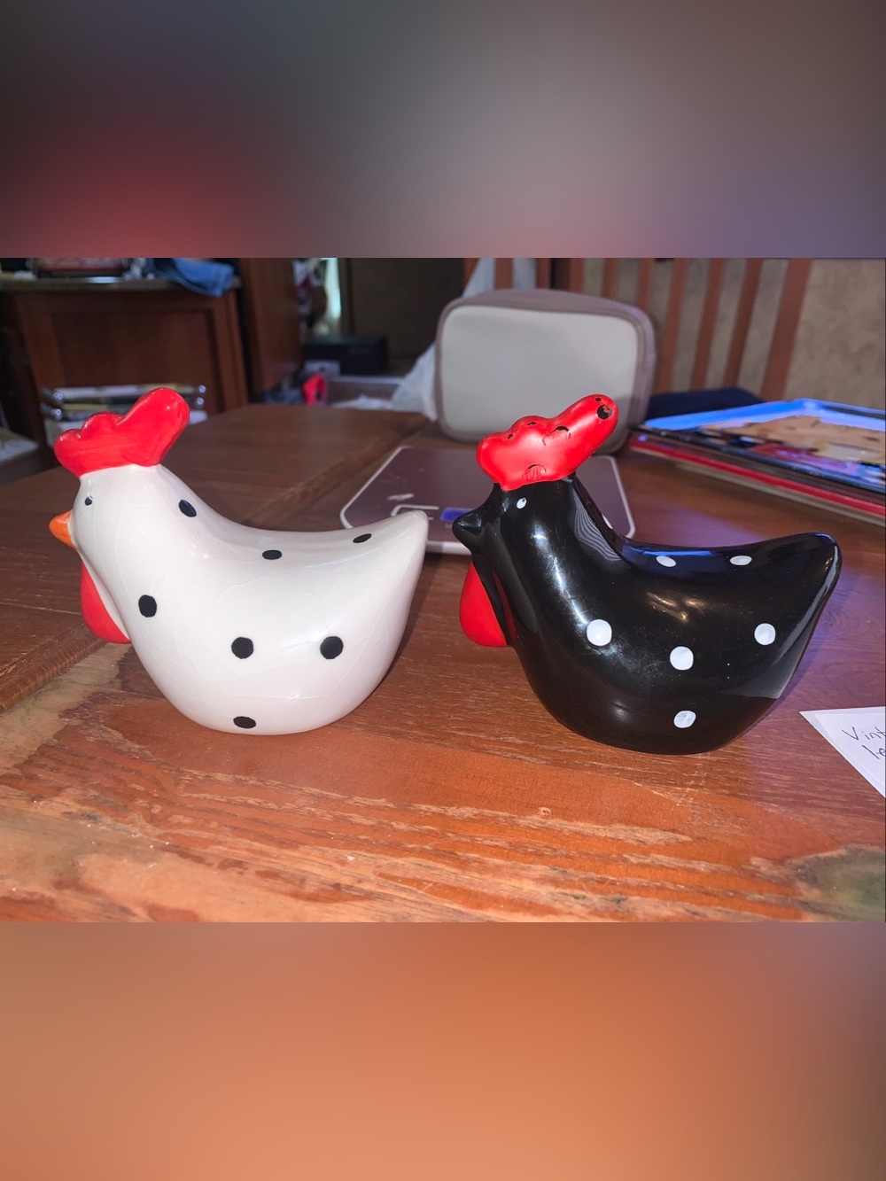 Polka Dot Ceramic Hen/Rooster Salt and Pepper Shaker Set - White & Black